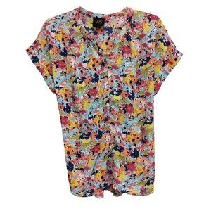 W5 Womens Blouse Size Large Multicolor Floral Popover Colorful Short Sleeve Top